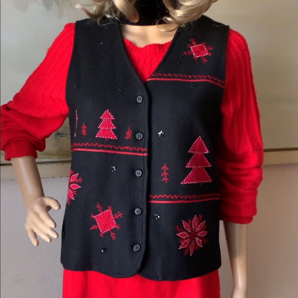 Talbots wool appliqué embroidered sequins Christmas vest